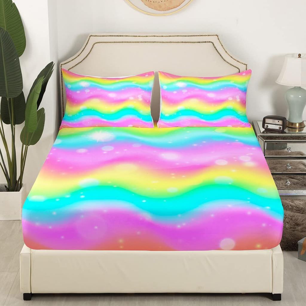 Color Mattress Three-Piece Digital Printing Couple Rainbow Bedspread Modern Cute Bedding Set