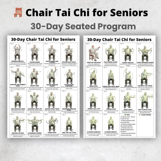 2 Stück Stuhl Tai Chi Trainingsplan 30 Tage Anfänger Senioren Sitzende Übung Poster Leinwand Wandkunst Heim-Fitnessstudio Wohnzimmer Dekoration