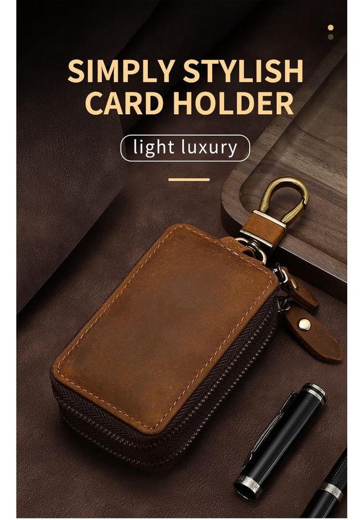 Universal Retro Crazy Horse Leather Key Case, Large Capacity Double Layer for Car & Home Keys