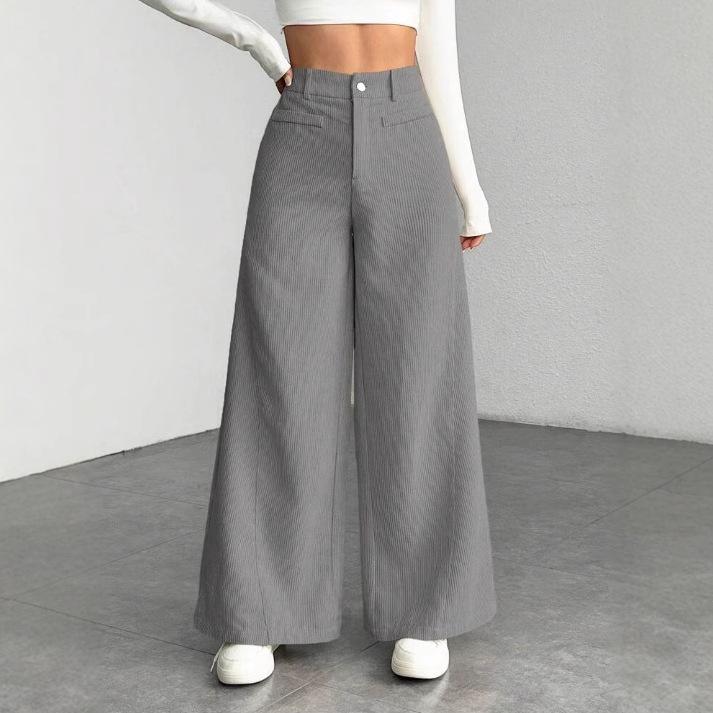 

Women s High-Waisted Wide-Leg Pants Corduroy-Textured Casual Trousers Side Pockets Comfort Beige Trousers for Women 2XL