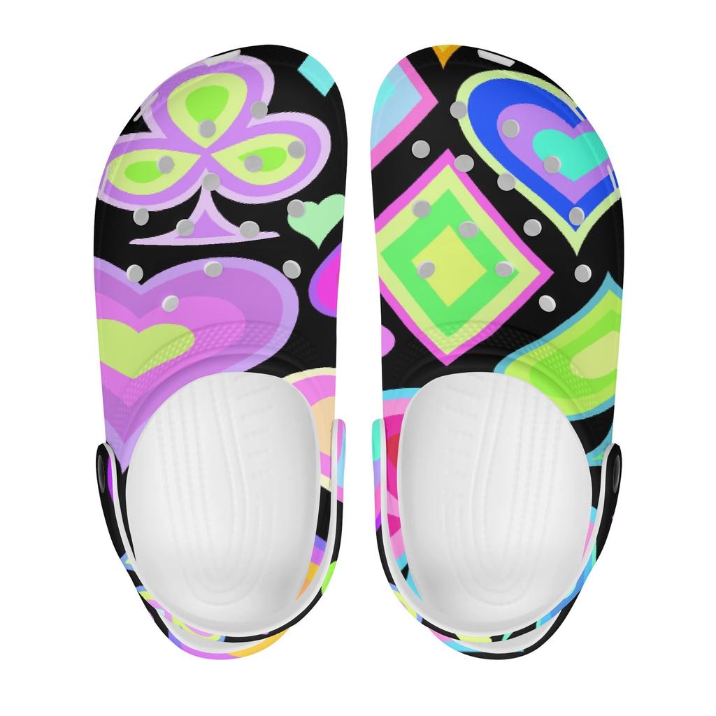 White EVA Clogs with Rainbow Feather Print, Lightweight Slip On Garden Shoes, Breathable Beach Sandals, Indoor Outdoor Slippers for Men Women
