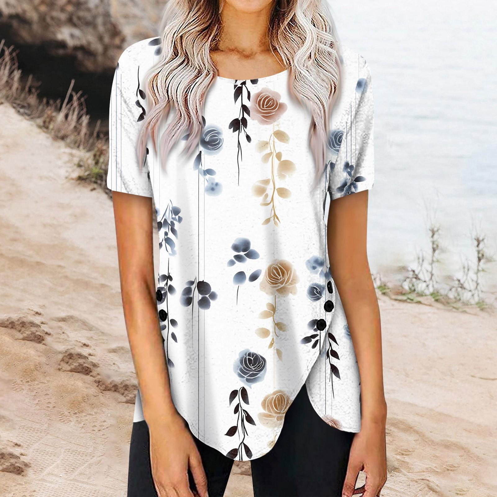 

Женский летний топ с коротким рукавом и круглым вырезом, с принтом на пуговицах сбоку XL белый