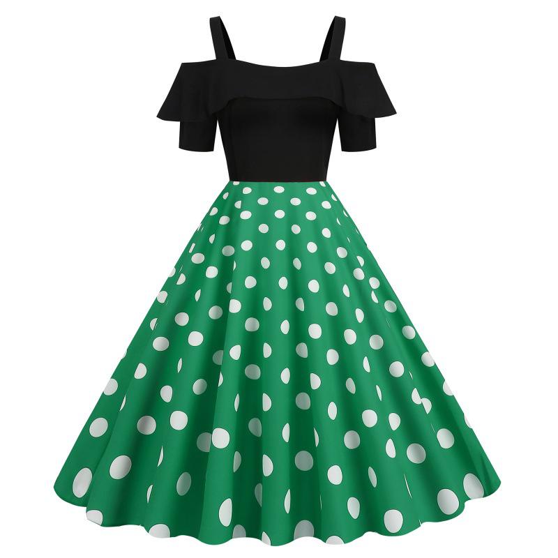 

2023 Polka Dot Patchwork One-Shoulder Ruffle Dress with Short Sleeves Small зелений