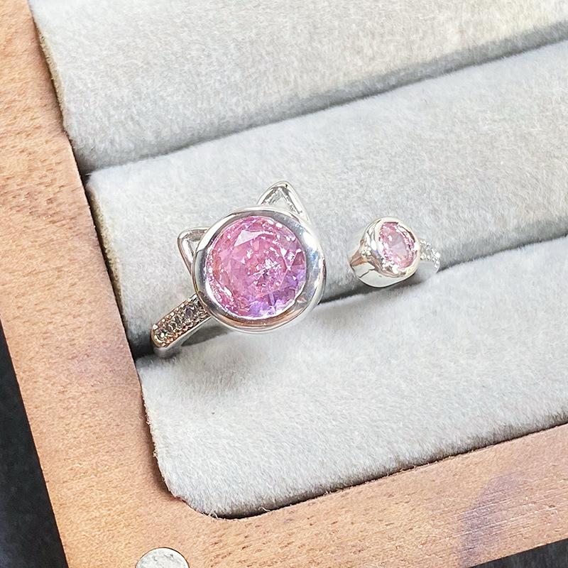 Kitten Star Inlaid Zir*****Pen Ring Niche Light Luxury High Sense Simple Stacking Wearing Colored Treasure Ring Woman