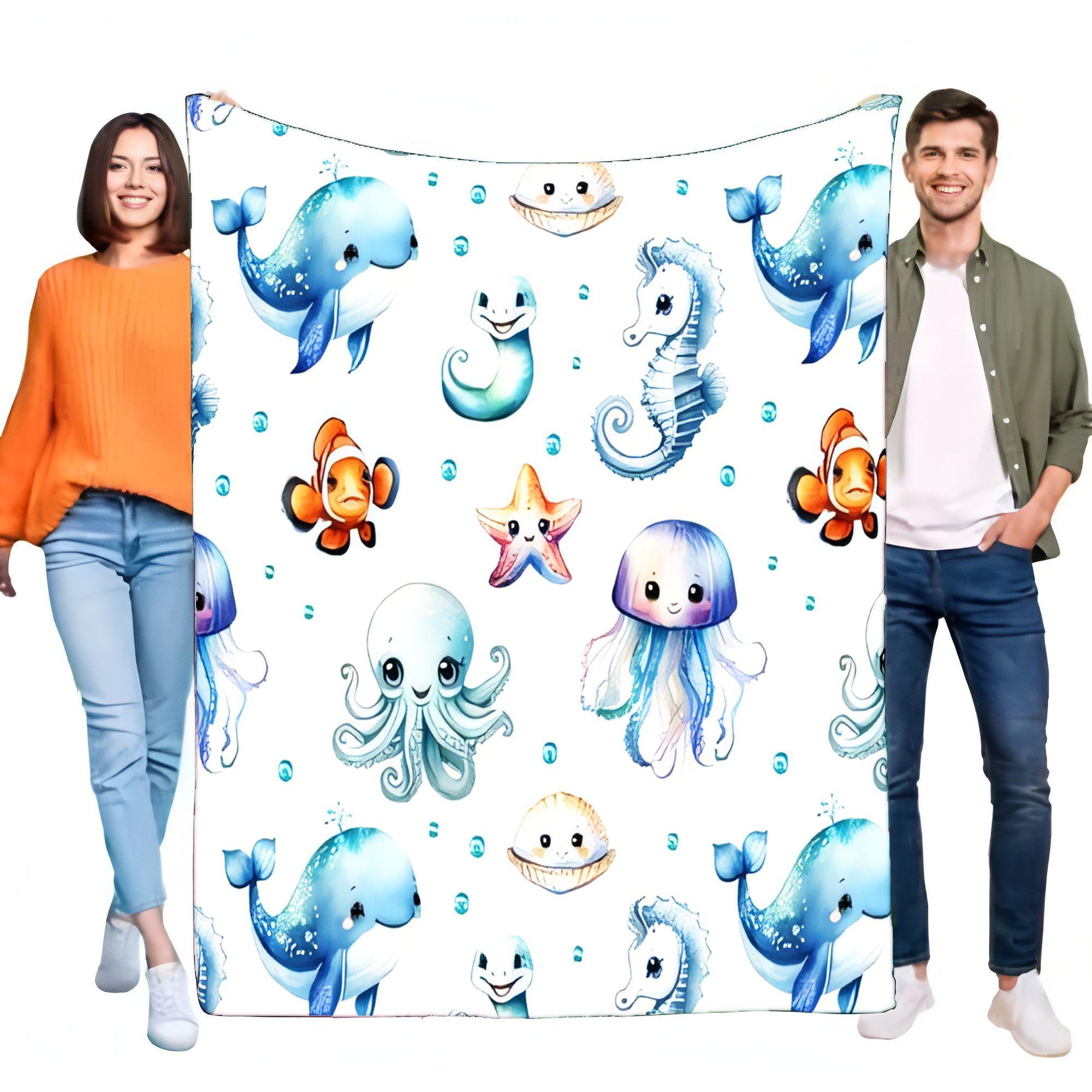 

Cute Under the Sea Marine Life Throw Blanket - Soft Cozy Fleece for Kids Bed Sofa Decor Whale Octopus Jellyfish Clownfish Seahor 75x90cm
