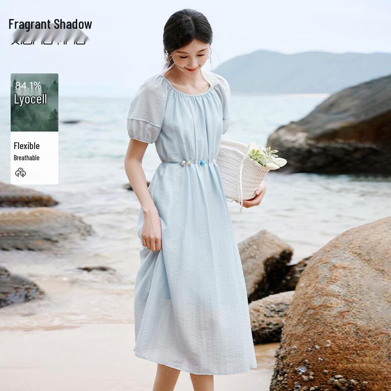Xiangying Women s French Style Puff Sleeve Ruched Tencel Midi Dress M