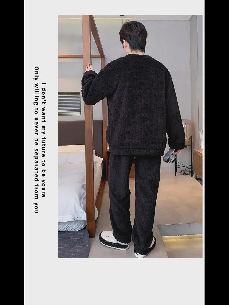 Men's Winter Coral Fleece Pajamas: Outdoor Wearable, Thickened Flannel, One-Piece Home Clothing
