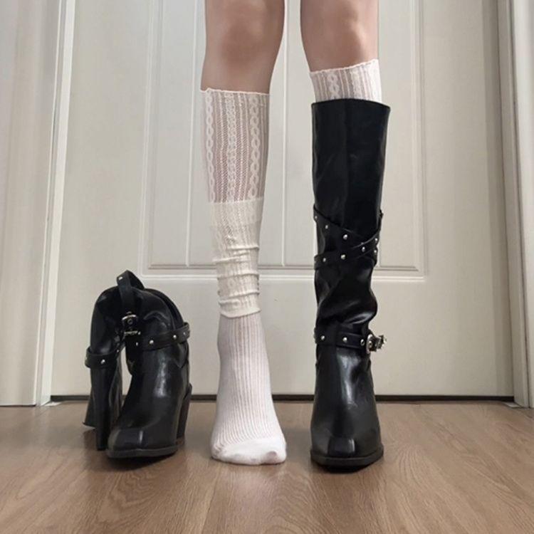 Damen Overknee Cowboy Stiefel mit Blockabsatz, Nieten und Schnalle, spitze Zehenpartie