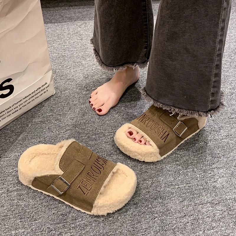 

Fashion Women Fur Platform Slippers Suede Warm Flat Shoes Trend Winter New Flip Flops Casual Fashion Cotton Zapatillas Mujer Hot Selling 35