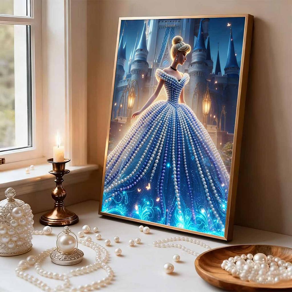 Disney Pearl Painting Cinderella Blue Dress Castle Back View Creative Exquisite Landscape Sparkling Painting Craft Home Wall DecorationDIYHandmadeGift