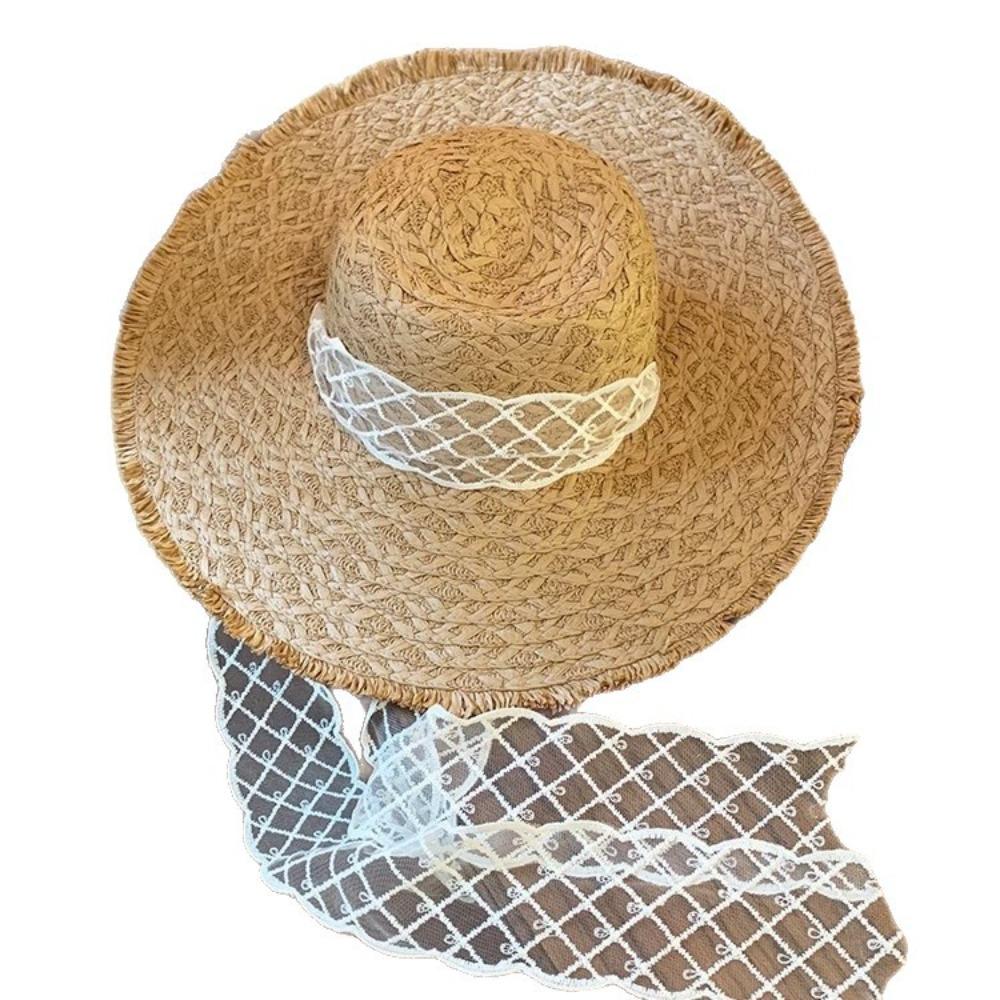 Lace lace-up woven straw hat women's summer outing big brim sun protection sun hat seaside UV protection beach hat