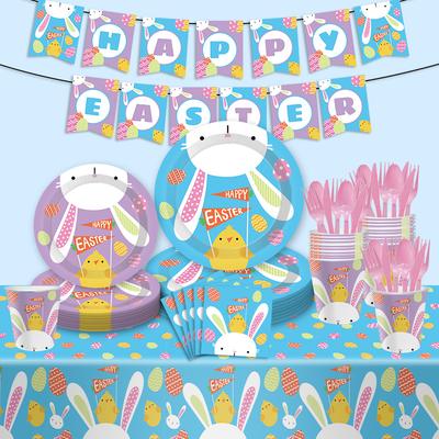 Ensemble de Fête de Pâques Lapin Poulet Assiette en Papier Gobelet en Papier Serviette Nappe Fournitures de Fête Ensemble de Vaisselle