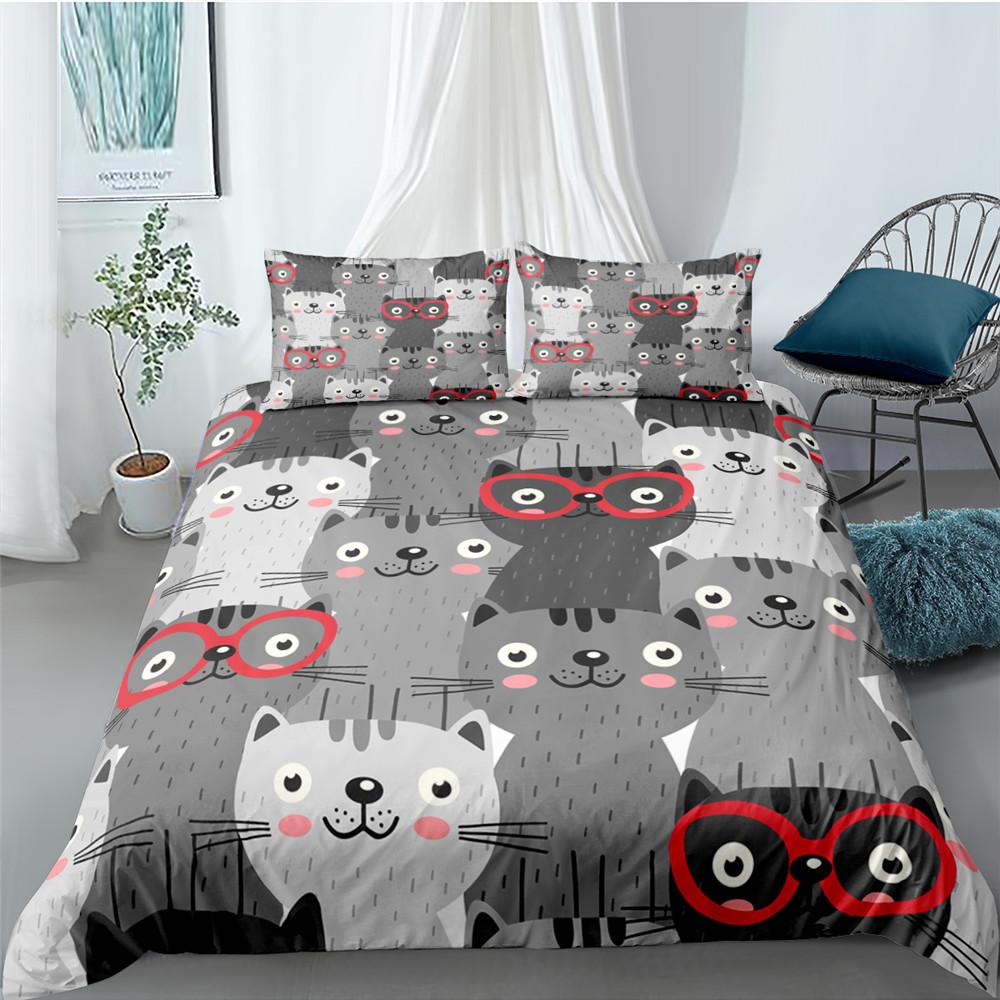 Classic Modern Cartoon Cat for Kids Girl Polyester Kitten 2 3pcs Animal Single Twin Queen King Quilt