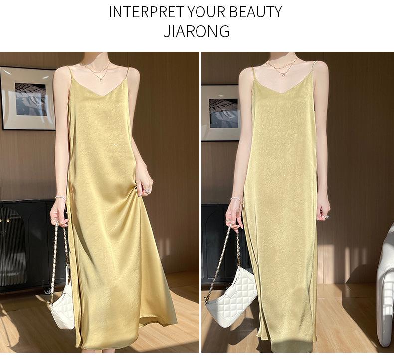 Elegant Solid Color Flower Acetate Satin V-Neck Spaghetti Strap Summer Dress for Women