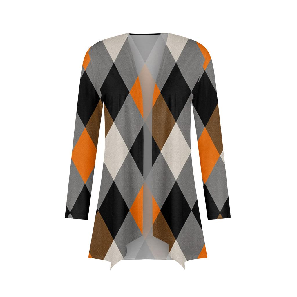 Damska codzienna moda w kratę, kardiganowa kurtka z półotwartym kołnierzykiem, średniej długości, z nieregularnym dołem