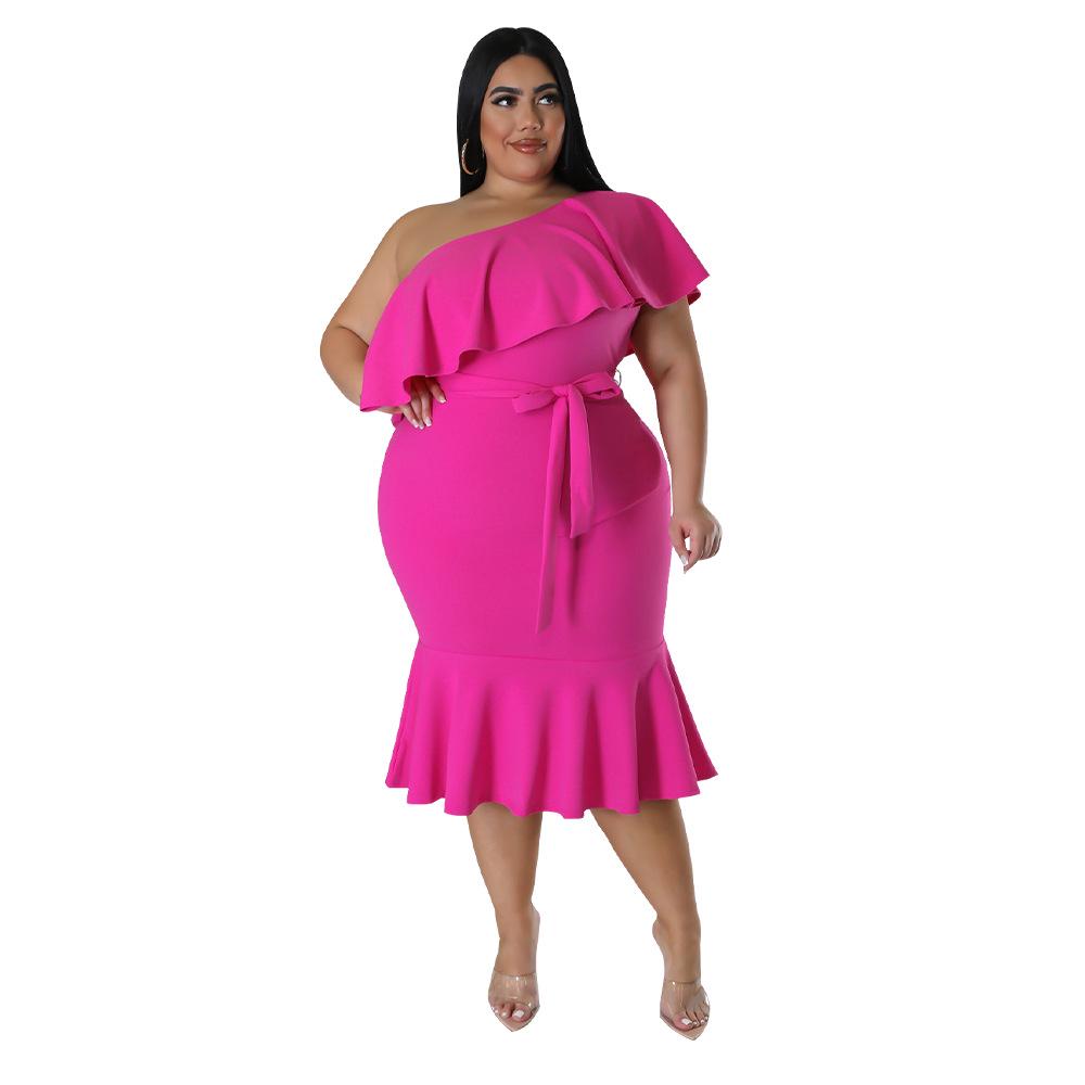 2023 Plus Size Women's European & American Fashion Slim Fit Ruffle Strapless Midi Dress