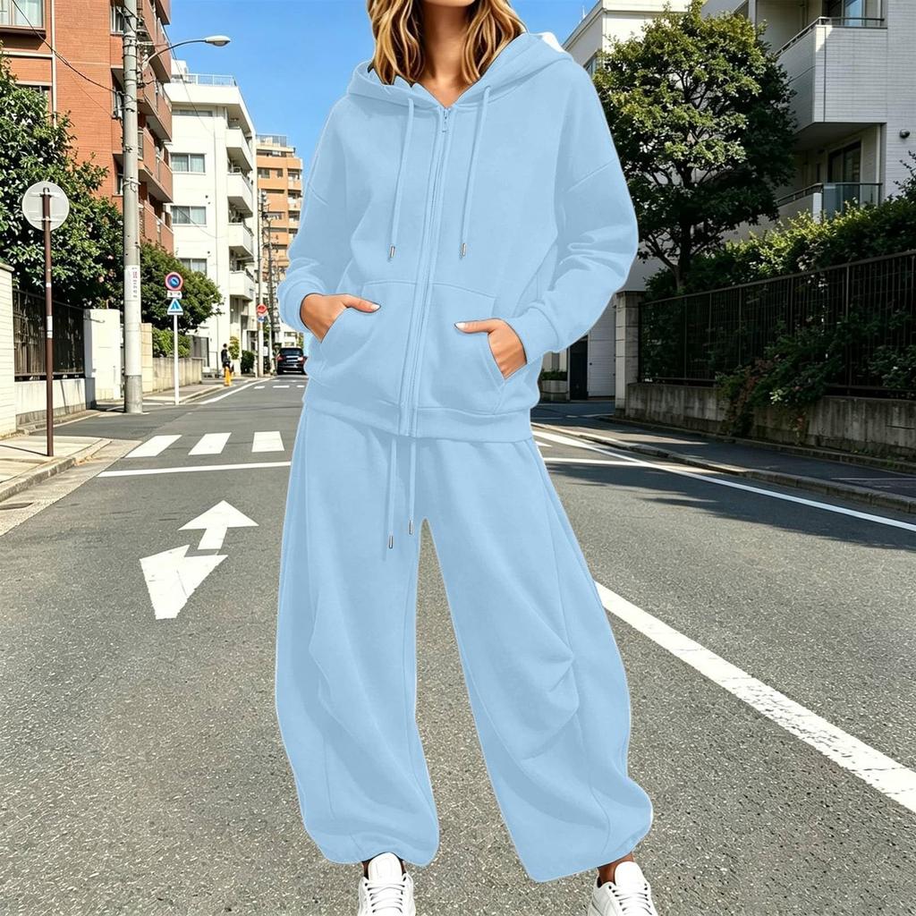 Unisex Lockere Passform Reißverschluss Hoodie mit und Weiter Bein Jogginghose 2-teiliges Trainingsanzug Set Farbe Sportbekleidung
