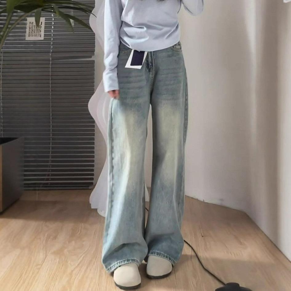 Bequeme Herbst Kleinere Drapey Große Größe Weitbeinjeans Damen Locker Hochtailliert Geschleppte Gerade Hosen Jeans für Damen Lange Denimhosen