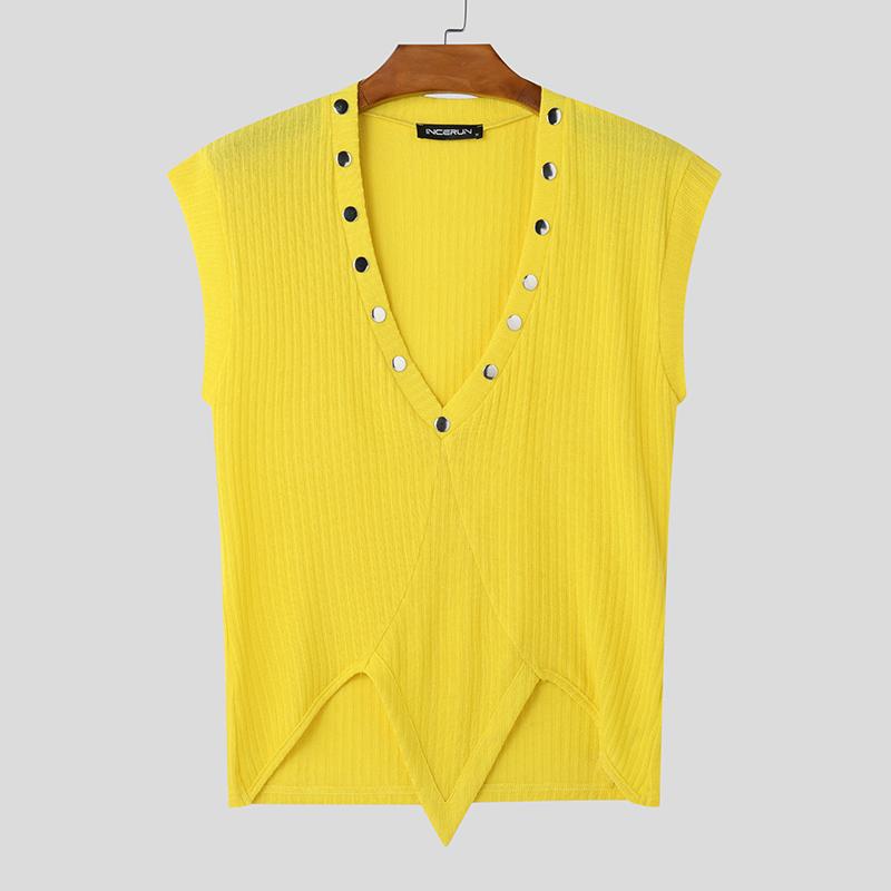 

INCERUN Summer Men Deep V Neck Sleeveless Rib Casual Irregular Slim Tank Tops 4XL жёлтый
