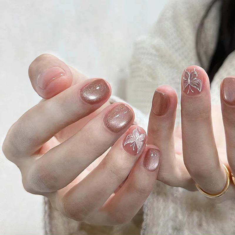 24Pcs Short Square Full Cover Press On Nails With Pearl Rhinestone Shiny Powder Gradient Detachable False Nails
