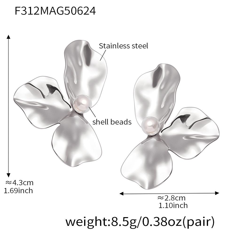Exaggerated Floral Shell Pearl Stud Earrings with Stainless Steel Petal Design