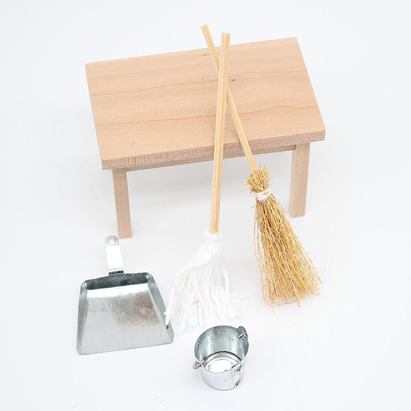 1/12 Dollhouse Broom Dustpan Metal Pail Kit Dollhouse Mini Cleaning Tool Accessories Dolls House Decor Pretend Play Toy