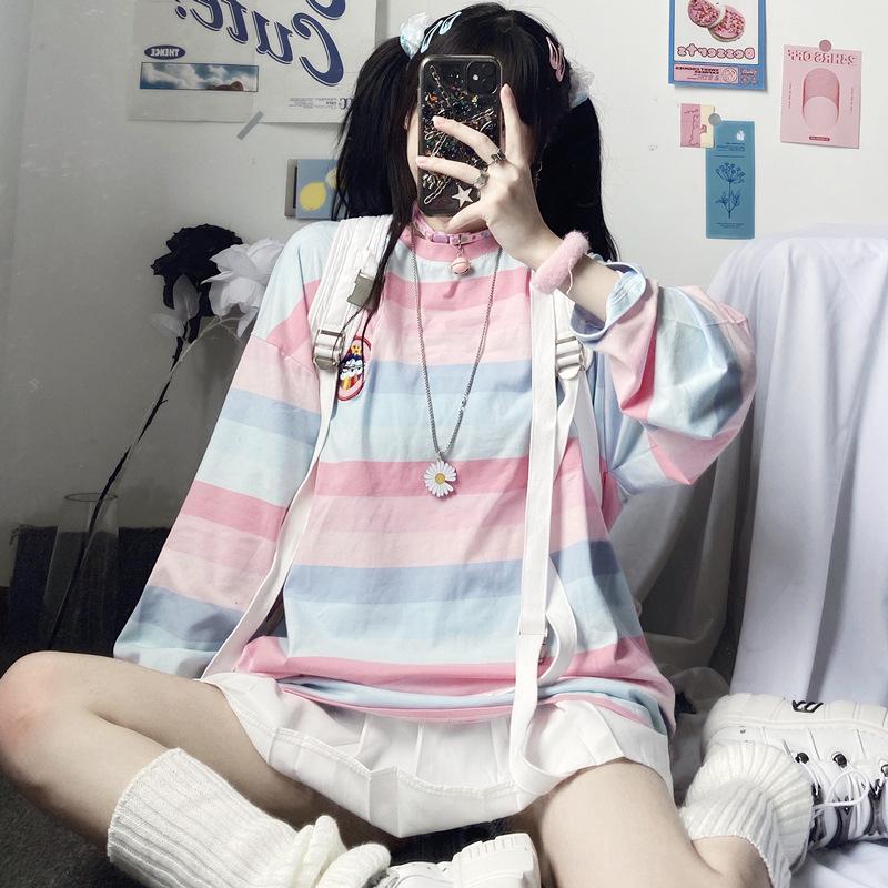 New Autumn Long-sleeved T-shirt Women's Top Korean Striped Loose Student Base Shirt Women's Clothing