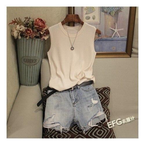 Sleeveless Knitted Vest Gym Tank Top Women Round Neck Fashion Ice Silk Thin Shirt Summer Wide Shoulder Loose Blusas 4588 50