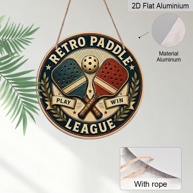 2D Flat, 4Pcs Retro Pickleball Aluminum Round Hanging Sign Set, Pickleball Paddle Champion Club Metal Wall Pendant, Garage Bar Patio Club Home Wall