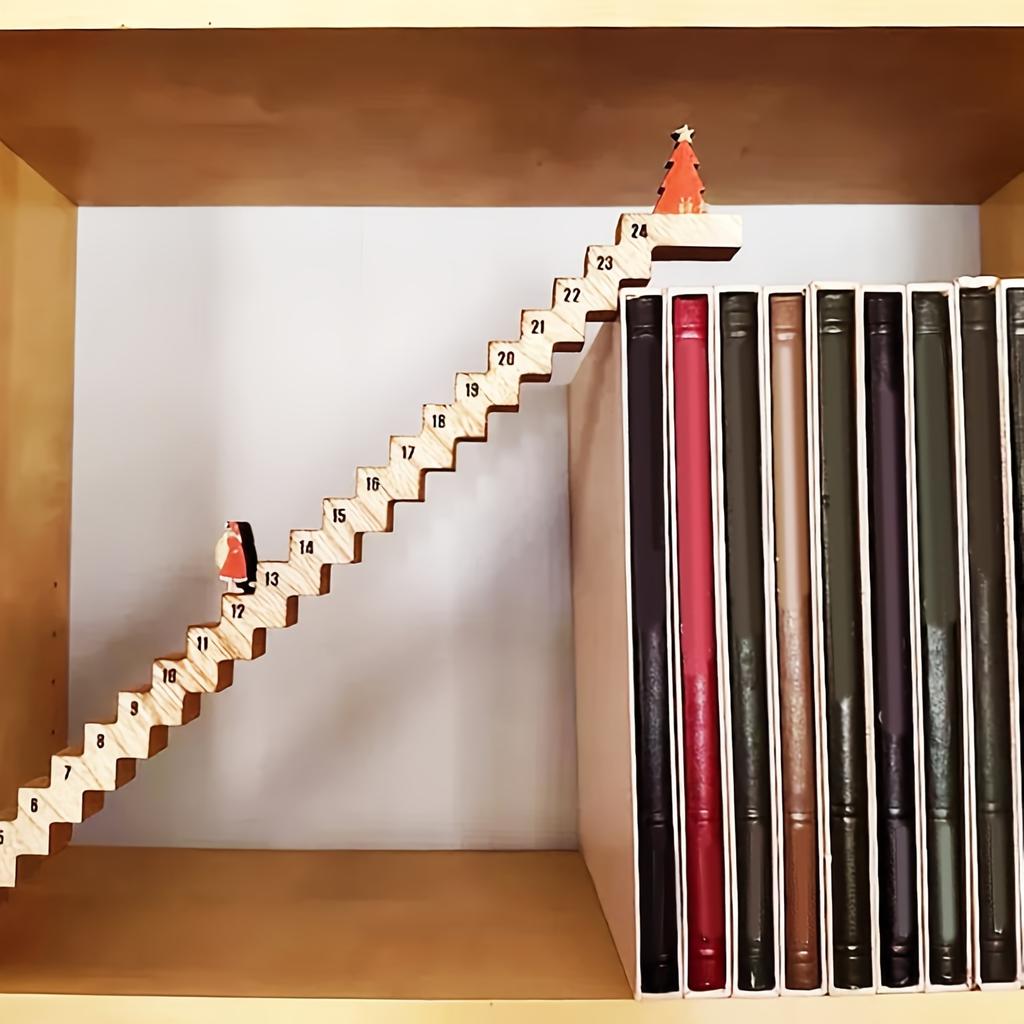 Vintage-Style Wooden Climbing Santa Advent Calendar 2025 - Christmas Countdown with 24 Decorative Stairs, Numbered Slots
