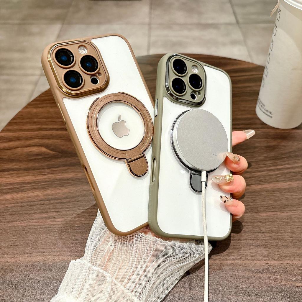 For IPhone 16 Promax Phone Case Gold Shield Protective Mirror for Apple 15 Metal Magnetic Pivot Bracket 14