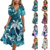 Women's Fashion Casual V Neck Short Sleeve Ruffled Vintage Printed Dresses
