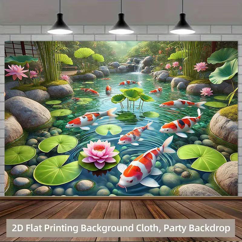 

2D Koi Fish Lotus Pond Tapestry, Lucky Feng Shui Background Cloth 47.2x31.5inch/120*80cm