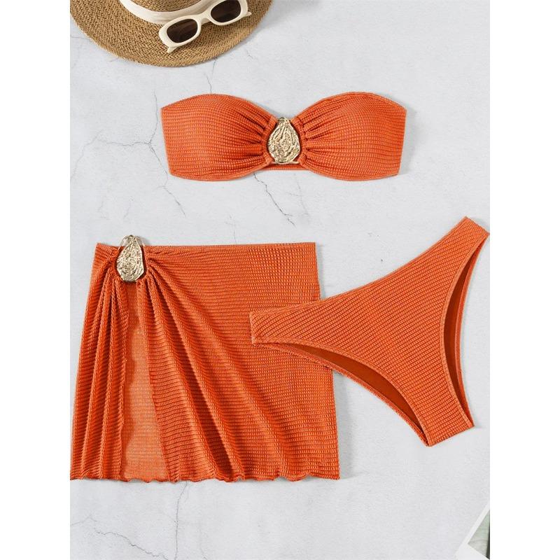 Sexy Bandeau Bikini Women Coffee Metal Water Droplet Ornament Push Up Mesh Skirt 3 Piece Swimsuit Beach Bathing Suit Swimwear