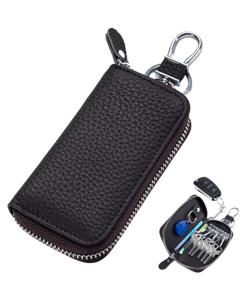 Ventury Men's Key Case, Smart Key Case, Genuine Leather, Card Case, Carabiner Included, dark brown