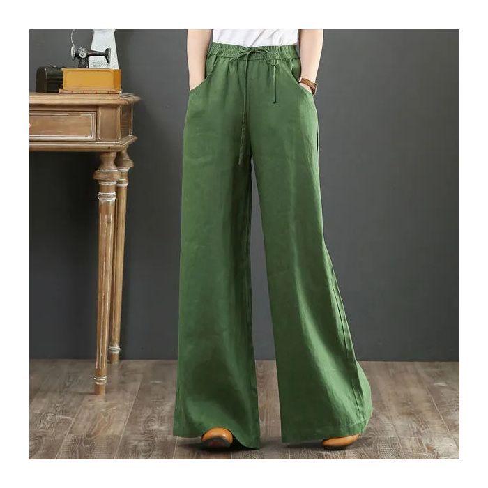 

2025 Spring/Summer Women s Cotton Linen Wide-Leg High-Waist Floor-Length Pants, Artistic Loose Fit Plus Size. Large зелений