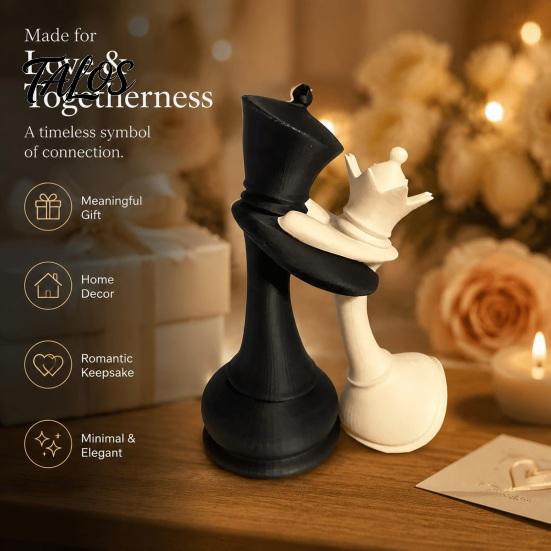Black Chess Decoration King Queen Piece Figurine, 3D Printed Couple Statue, Modern Decor White for Anniversary Wedding Party Home Office Desk