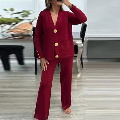 Cozy Knit Cardigan Pants Women Set Loose V-neck Pocket Button Coat Wide Leg Trousers  Autumn Winter Fashion Lady Outfit