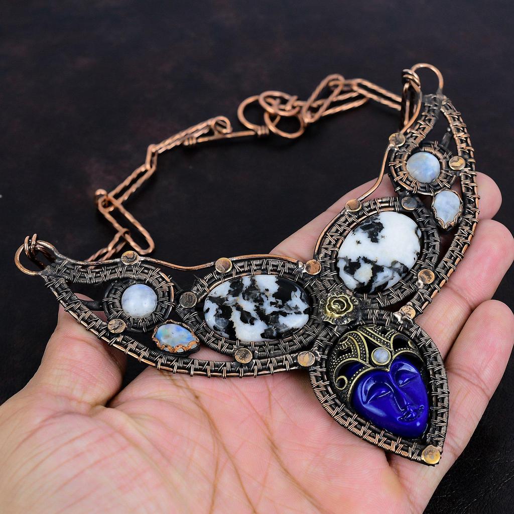 Blue Carved Bone Face Necklace Copper Wire Wrapped Gemstone Jewelry Adjustable Chain Necklace White Buffalo Turquoise And Moonstone Necklace