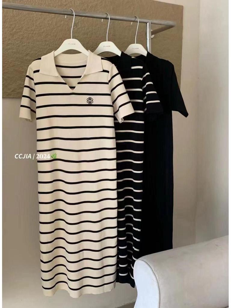 2024 Summer Striped Ice Silk Knit Polo Dress – Loose & Fashionable Design