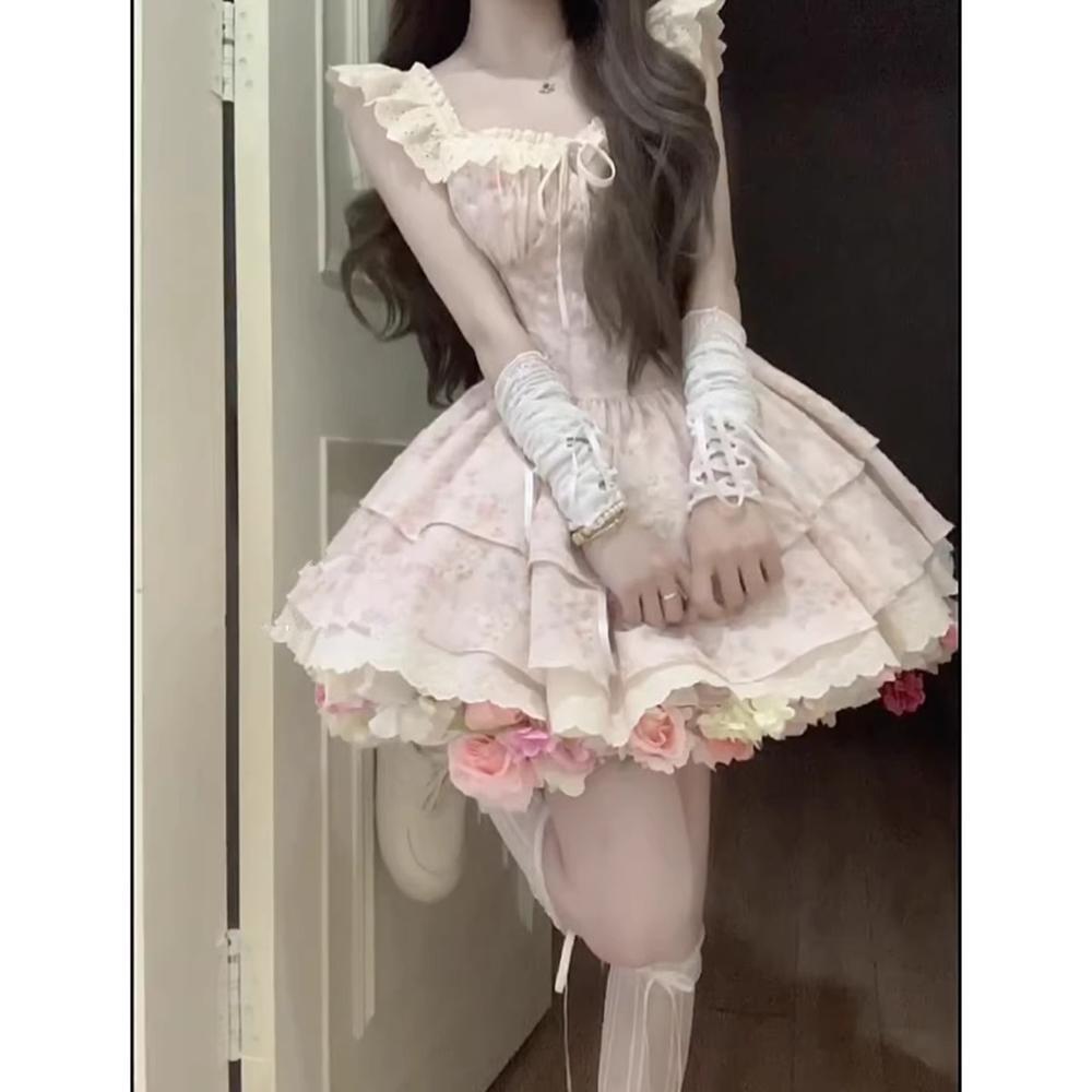 Sweet Spice Girl Pink Floral Dress Female Small Summer Beautiful Waist Fluffy Short Skirt College Style Cake Dress
