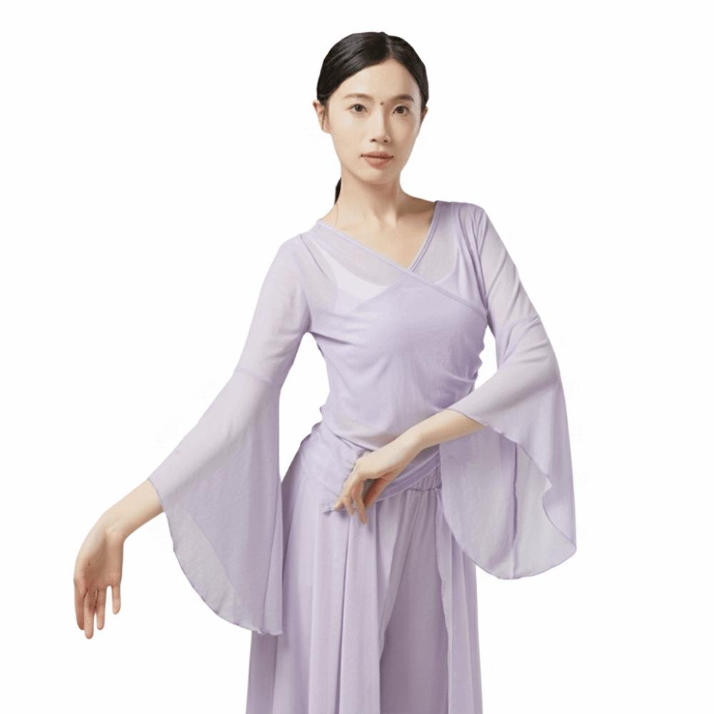 

Hanfu Style Classical Dance Top Sheer Mesh Flared Sleeve Shirt Women Dancewear XL фіолетовий