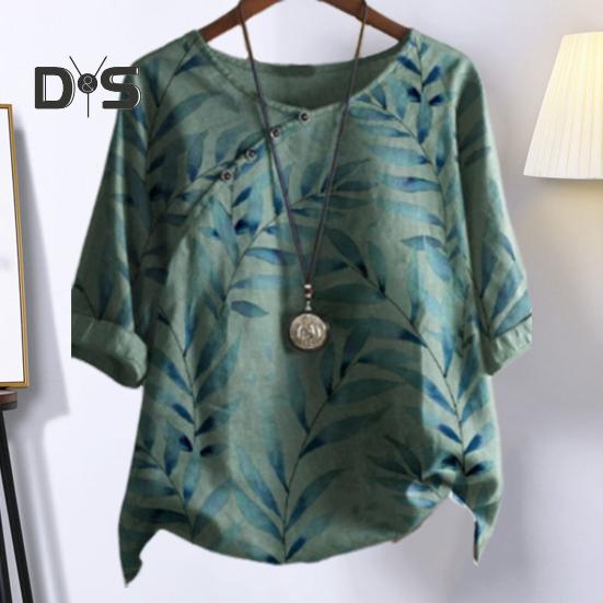 Dámské letní tričko s kulatým výstřihem, krátkým rukávem, volného střihu, pulovrové topy, retro potisk listů, knoflíková dekorace, tenké tričko