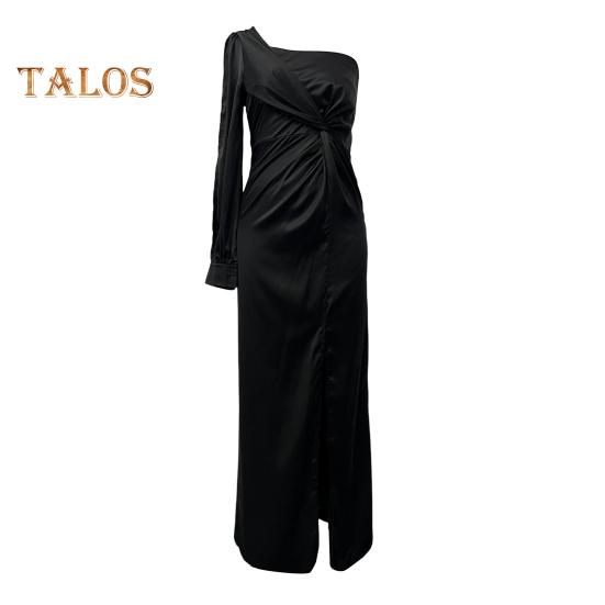 Lady Evening Dress One Shoulder Sleeveless Split Hem Solid Color Slim Waist Pleated Solid Color Off Shoulder Prom Cocktail Party Maxi Dress Ball Gown