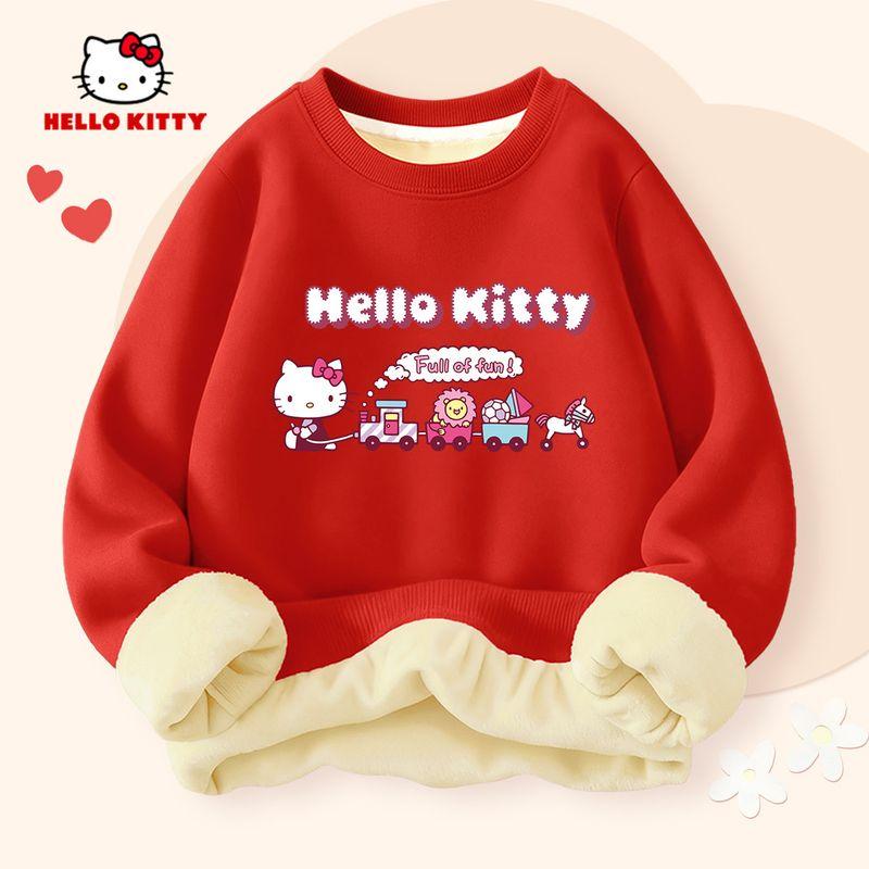 Hellokitty Girls  Fleece-Lined Thick Sweatshirt Autumn and Winter Integrated Fleece Children s Top Lamb Fleece Big Girl Round Neck Dipinu Red 140 cm