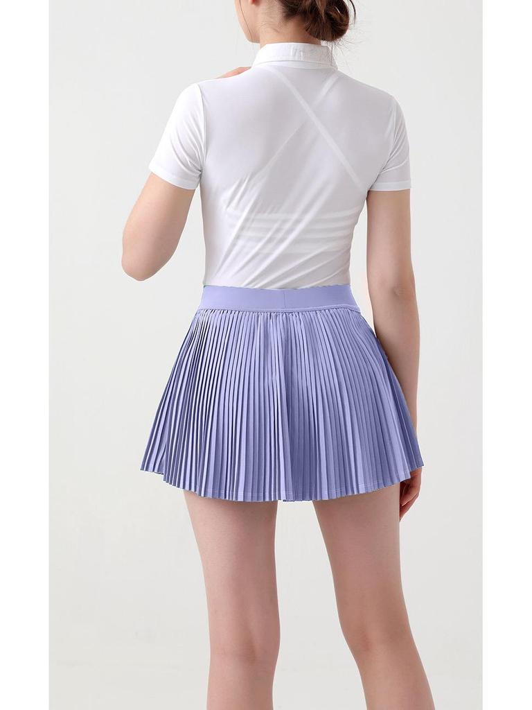 Damen Tennisrock mit hohem Bund: Fake zweiteiliger plissierter Sport-Skort mit integrierten Shorts.