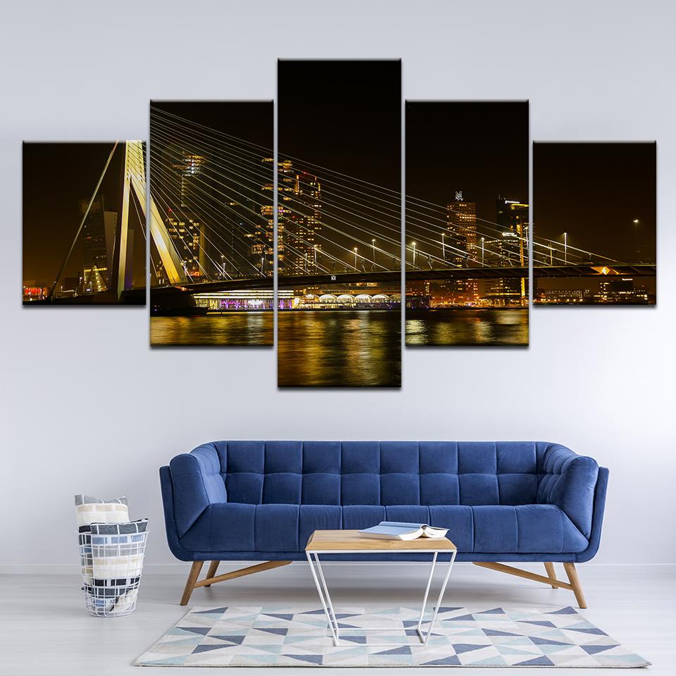 Canvas Painting City Night View and Bridge 5 Pieces Wall Art Painting Modular Wallpapers Poster Print for Living Room Home Decor