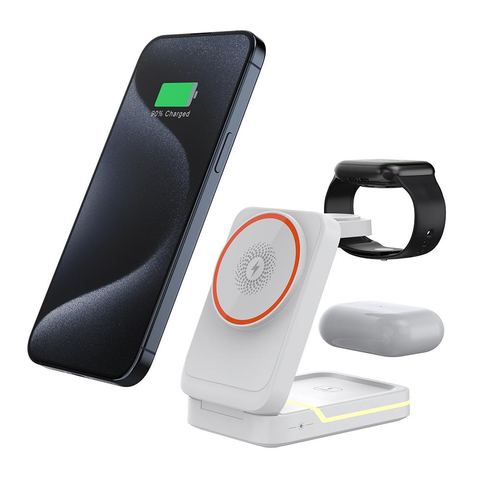 15W 3-in-1 Magnetic Wireless Charger Stand for Phone, Watch, Earbuds – Fast Charging, Portable, Foldable Desk Accessory