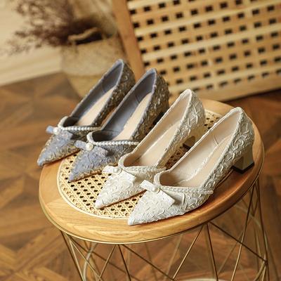 Single Shoes Women's Middle Heel Satin Pearl Bow Women's Shoes New Light Mouth Pointed Thick Heel High Heels