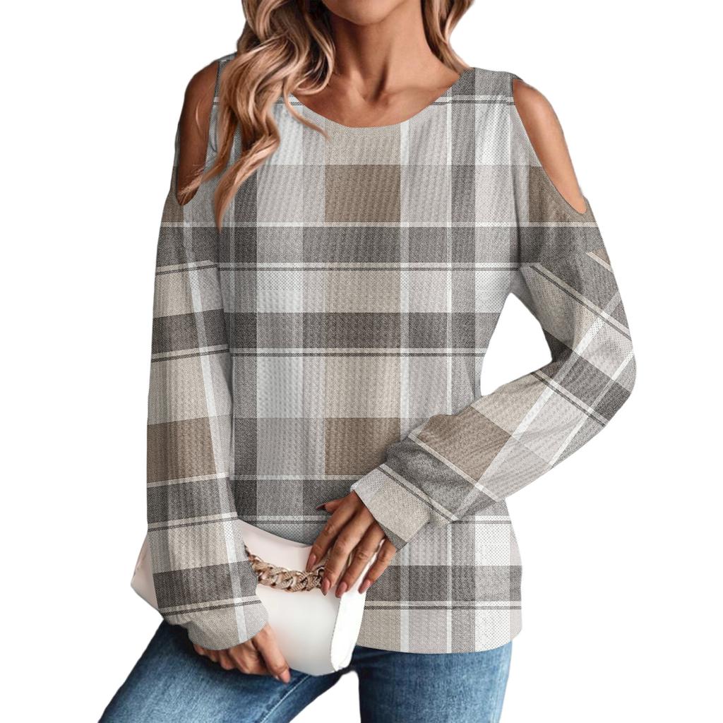 Women's Winter Oversized T-Shirt Fashionable Off-the-Shoulder Round Neck Vintage Floral Print Pullover Long-Sleeved Top